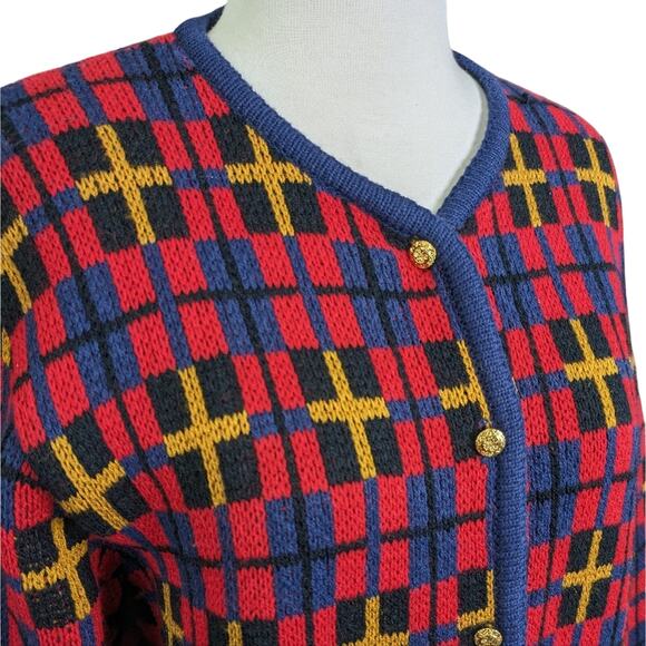 Vintage Crystal Kobe Cardigan Medium Red Blue Boxy Nordic Gold Buttons Pockets - Picture 1 of 14